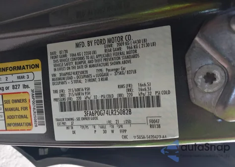 2020 Ford Fusion S z USA, uszkodzony, nr VIN 3FA6P0G74LR250828